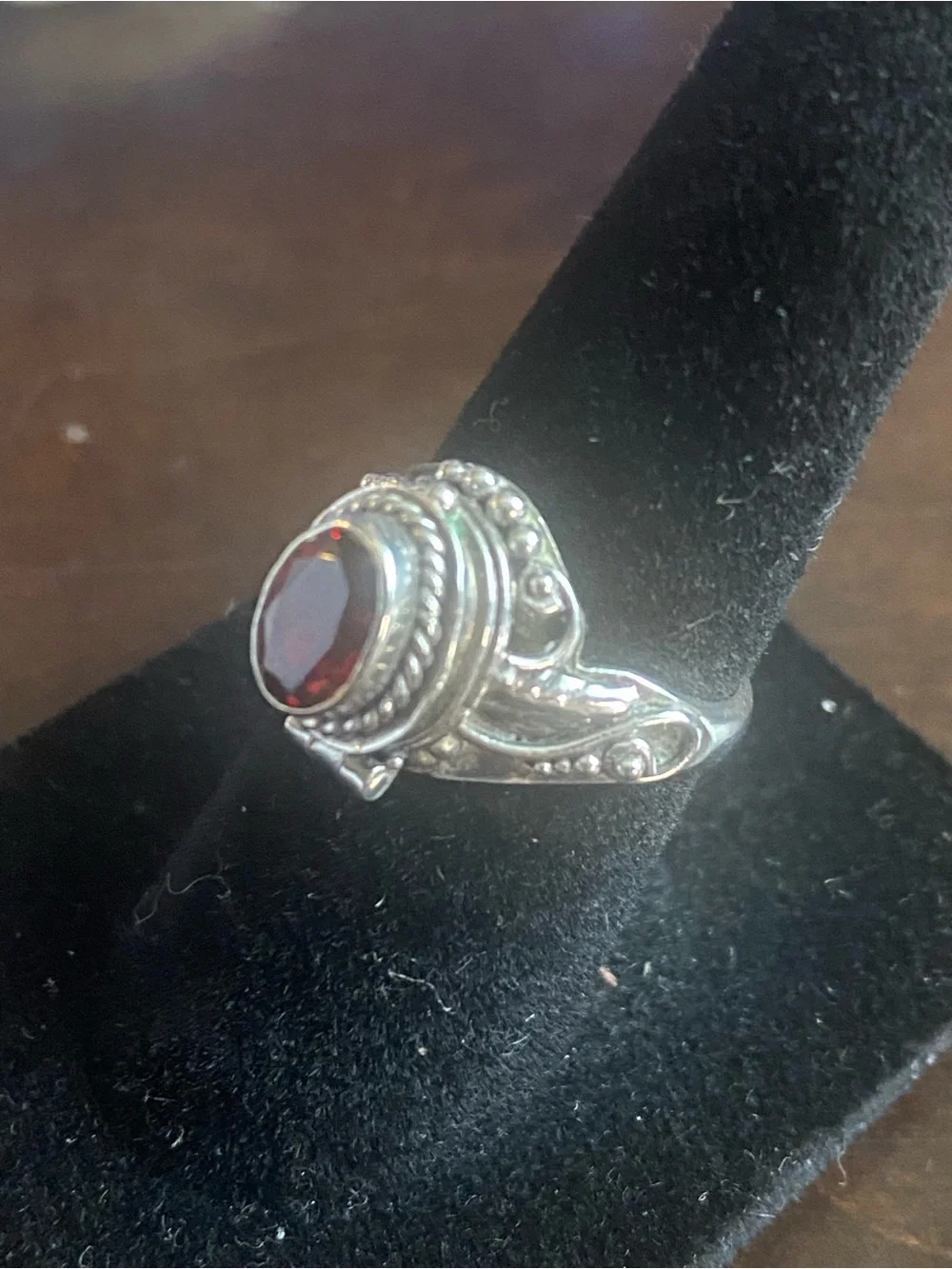 Sterling Silver Vintage Garnet Snuff Ring • Hinged Poisen Locket•Statement Ring